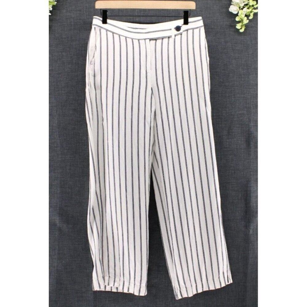 J. Jill Petite 10 Striped Linen Blend Wide Leg Pants Navy Cream Coastal